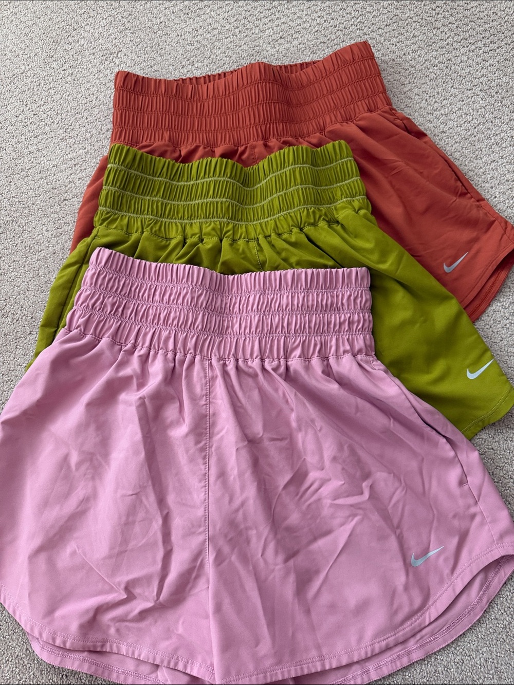 Nike Women's Pink, Olive & Rust Elastic-Waist Athletic Shorts Trio